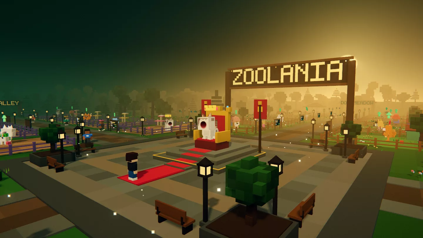The Zoolania plaza at golden hour, with the King of the Zoo on the throne
